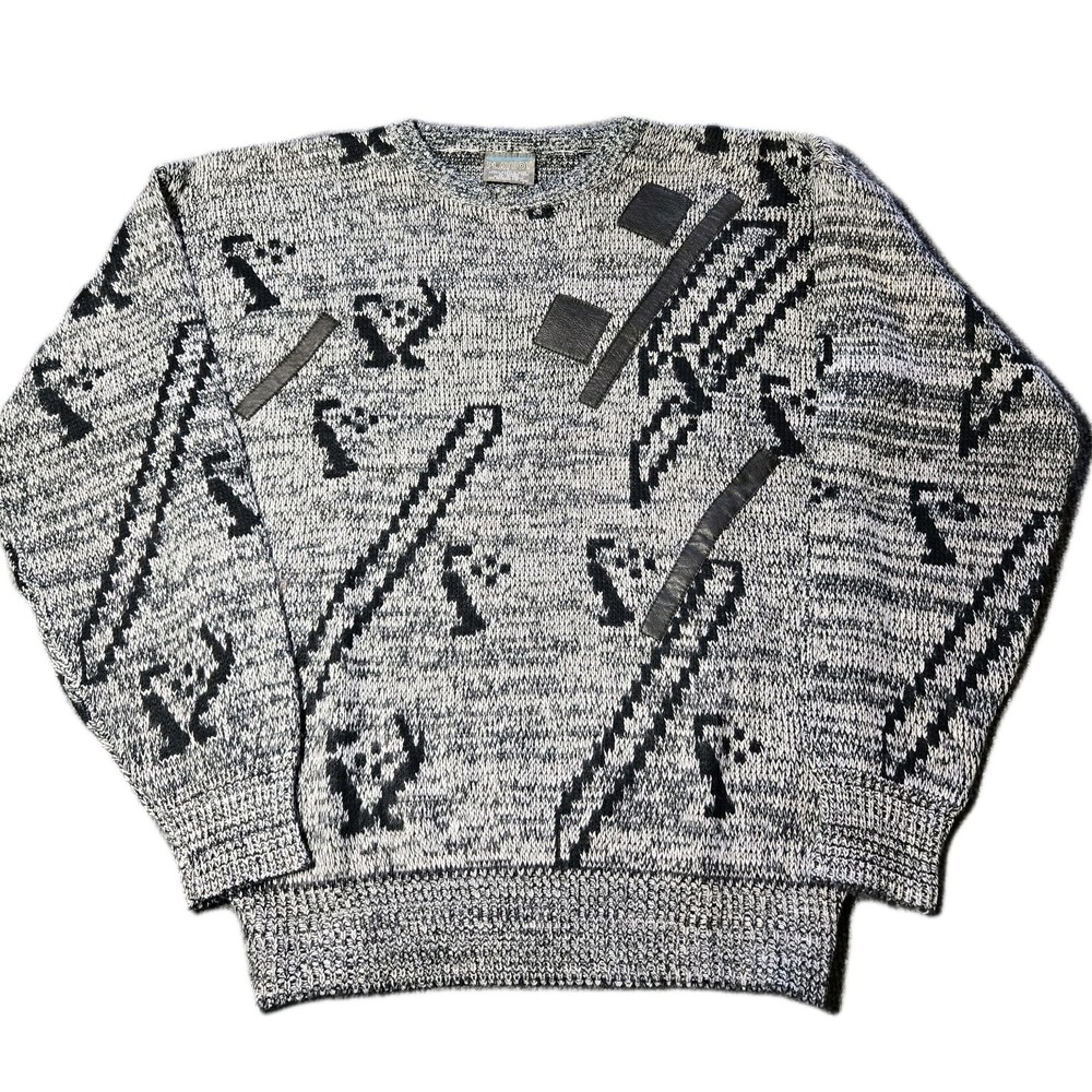 Vintage Playboy Sweater Mens Large Gray Knit Leather Trim Geometric Grandpa Core